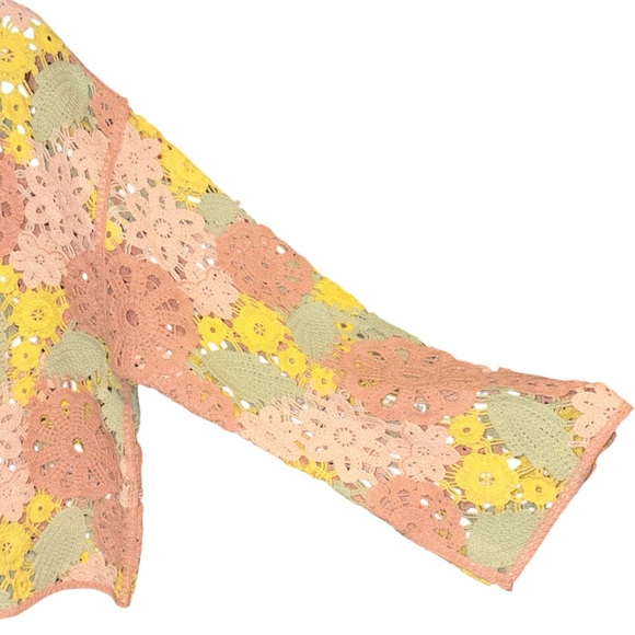 Entro Knit Crochet Floral Multi Color Pastel Cropped Long Sleeve Lace Top Small - Picture 8 of 14